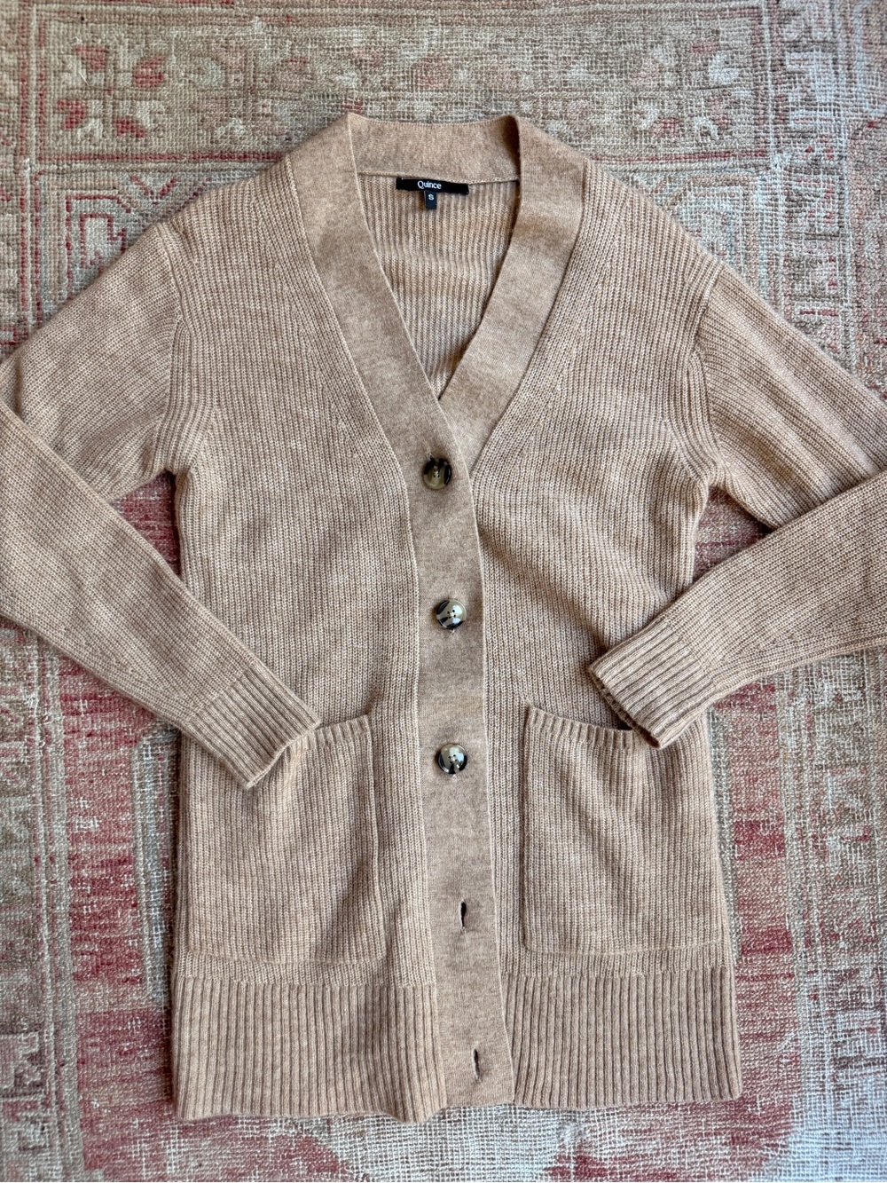 Quince Taupe Ribbed V-Neck Button Cardigan